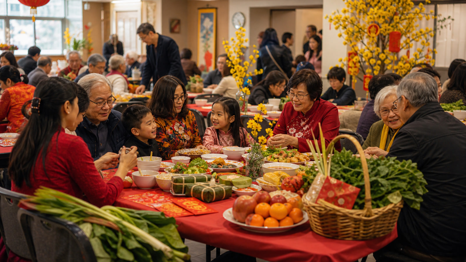 Ảnh minh họa bữa họp mặt Tết của cộng đồng Việt tại Vancouver với món ăn truyền thống và rau củ tươi.